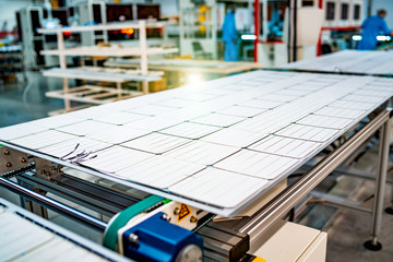Fototapeta premium Solar power panel plant. Solar batteries production.