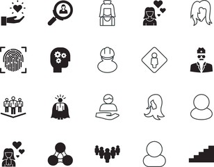 people vector icon set such as: recruitment, circle, repair, scan, hard, glyph, brave, industry, staircase, finger, talent, help, security, society, medical, glass, crime, walk, save, gears