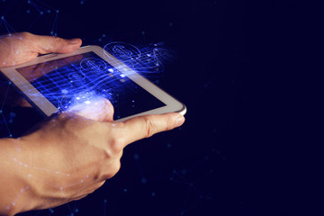 hand with ai data connect to social network for bitcoin money dollar online crypto currency trade business application concept, digital asset risk financial