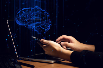 businessman manager working with  control the ai robotic machine system network by tablet touchscreen, command artificial intelligence for automation deep learning