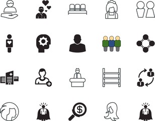 people vector icon set such as: member, meeting, financial, registration, care, hotel, seating, help, support, truck, look, lobby, inspiration, medical, forum, brush, front, mind, imagination