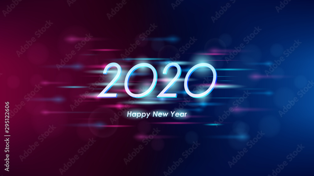 Wall mural happy new year 2020 in abstract technology lines and glitter on red and blue color background