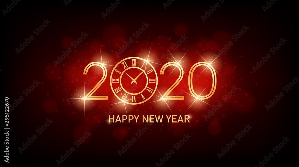 Wall mural golden happy new year 2020 with clock and abstract lens flare pattern in vintage red color backgroun