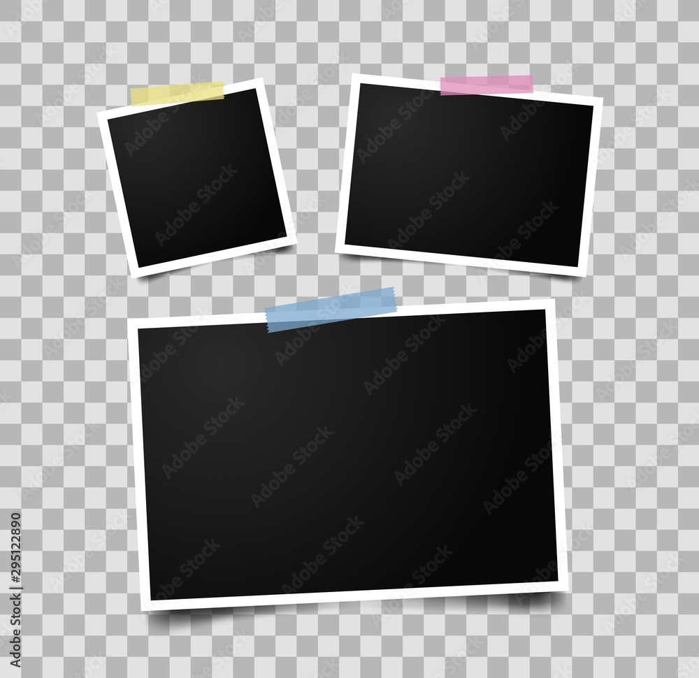 Poster Set of empty photo frames with adhesive tape. Realistic photo frame mockup.