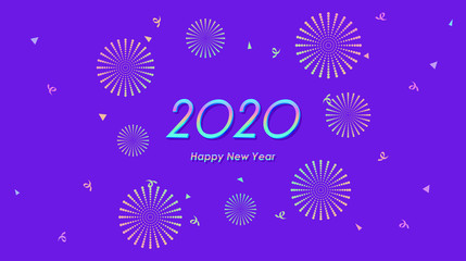 happy new year 2020 with fireworks in flat icon design on violet color background