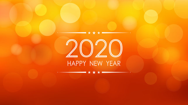 happy new year 2020 with bokeh and lens flare pattern on summer orange color background