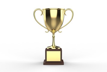 Golden trophy cup with blank golden plate. 3d render illustration.
