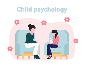 Psychotherapy session. Consulting psychology concept. Woman psychologist and child patient, society psychiatry flat vector illustration.
