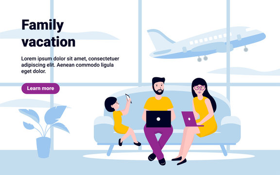 Online travel agency. Family Mother, Father and Daughter characters buy vacation tickets on laptop sit on sofa. Flat vector modern illustration.