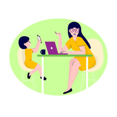 Young mother freelancer works at home at the laptop. Daughter play game on the phone. Maternity and career. Flat vector modern illustration. 