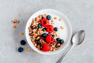 Healthy breakfast bowl homemade granola with fresh blueberry and raspberry