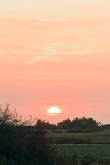 Sun disc on a red sky during sunrise over a meadow in the countryside.