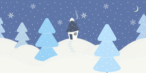 Cute minimalist winter border on blue background with snowflakes and Christmas trees or spruces. Texture for decoration greeting cards for Christmas or New Year, websites,showcases. Vector