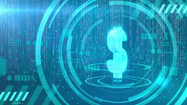 Dollar symbol rotating on a cyan background with animated HUD elements related to computer technology. Loopable animation.