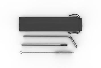 Blank Stainless Steel Straws With Brush And Bag,Metal Straws With Pouch For Branding. 3d render illustration.