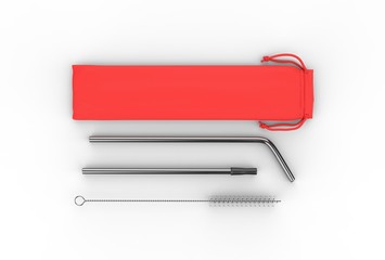 Blank Stainless Steel Straws With Brush And Bag,Metal Straws With Pouch For Branding. 3d render illustration.