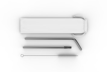 Blank Stainless Steel Straws With Brush And Bag,Metal Straws With Pouch For Branding. 3d render illustration.