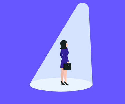 Composition Businesswoman In Spotlight. We Are Hiring People. Flat Vector Illustration Concept Template For Web Landing Page, Banner, Presentation, Social Media, Poster, Flyer.