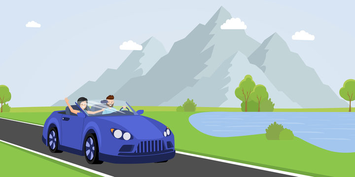 Family road trip flat vector illustration. Cheerful young couple, happy husband and wife driving cabriolet cartoon characters. People traveling by car, summer season vacation, tourist adventure