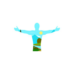 Double exposure of a man with open arms, in which beautiful landscapes of nature are visible. Illustration number 2 in the set.