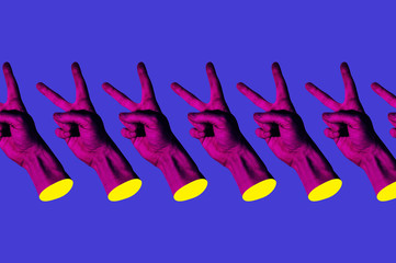 Contemporary minimalistic art collage in neon bold colors with hands showing yo sign. Surrealism...