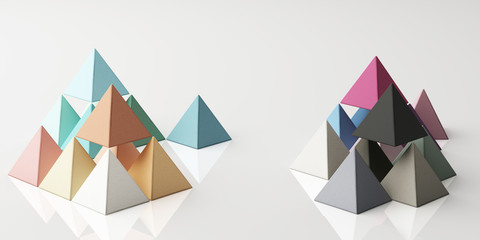 Set of colorful green,purple,blue,yellow realistic pyramid spheres with fabric texture on white background. 3d rendering