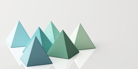 Set of colorful green realistic pyramid spheres with fabric texture on white background. 3d rendering