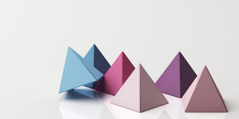 Set of colorful purple realistic pyramid spheres with fabric texture on white background. 3d rendering