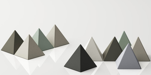 Set of colorful blue realistic pyramid spheres with fabric texture on white background. 3d rendering