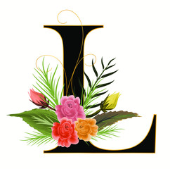 Alphabet with flowers, letter L with watercolor flowers and leaves hand drawn on paper. Illustration alphabet Decoration for invites card and other concept ideas.