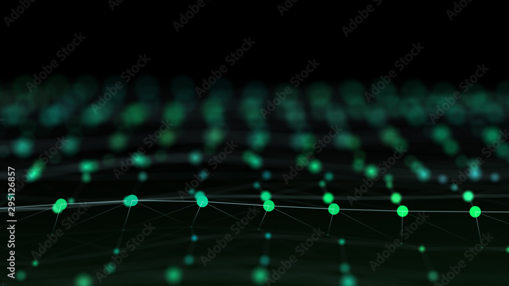 Poster science fiction abstract background of glowing particles with depth of field and bokeh.
