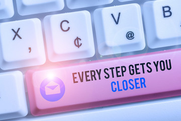 Text sign showing Every Step Gets You Closer. Business photo text Keep moving to reach your goals objectives White pc keyboard with empty note paper above white background key copy space