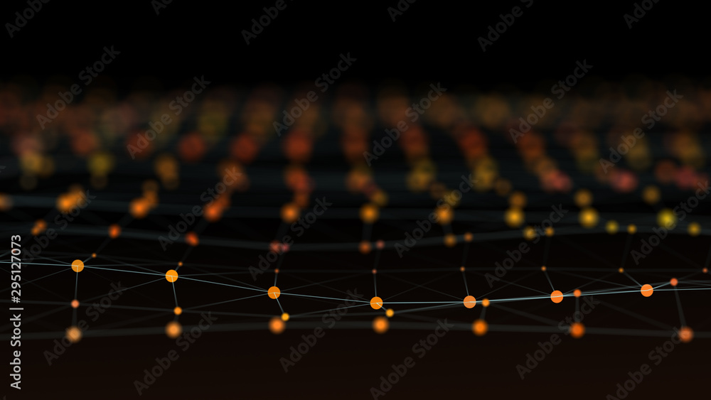 Poster an orange wavy field of shiny particles connected in grid.