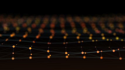 An orange wavy field of shiny particles connected in grid.