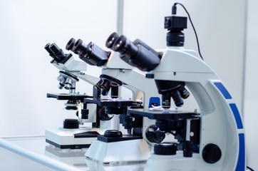 Close-up of microscopes at laboratory.