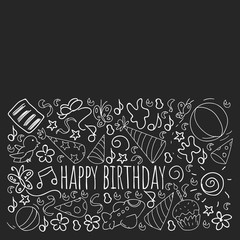 Set of cute creative card templates with birthday theme design. Hand Drawn card for holiday, party invitations. Vector illustration. Monochrome chalk drawing on blackboard.