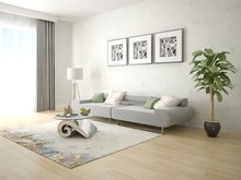 Mock up a stylish living room with a trendy compact sofa and original hipster backdrop.