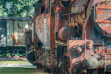 Rusting steam locomotive close up in Ljubljana, Slovenia