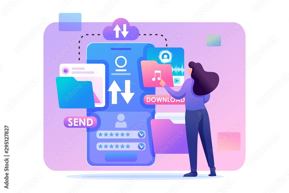 Poster young girl interacting with the data storage, downloads and uploads files to the cloud. flat 2d char