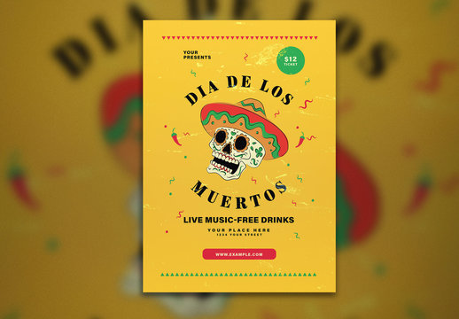 Yellow Dia De Los Muertos Flyer Layout with Illustrative Skull