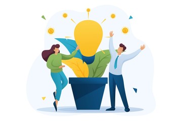 Young people enjoy the growth of business idea, business start-up, profit. Flat 2D character. Concept for web design