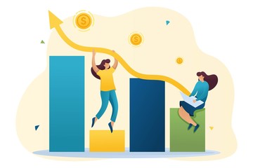 Young girls create a profitable business and increase revenues, profit growth, income analysis. Flat 2D character. Concept for web design