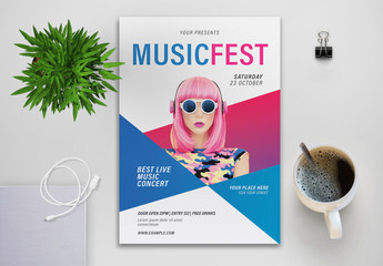 Music Fest Flyer Layout with Blue and Pink Elements - Powered by Adobe