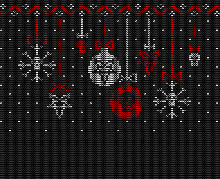 Ugly sweater knitted design  in black, red and white colors. Christmas balls decorated with a pentagram and a skull.