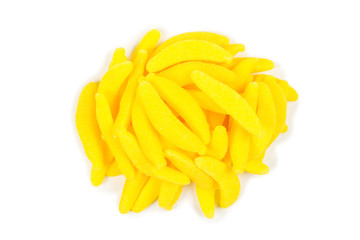 Juicy colorful jelly banana sweets isolated on white. Gummy candies.
