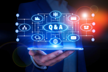 Word writing text Q And A. Business photo showcasing a period of time or an occasion when someone answers questions Male human wear formal work suit presenting presentation using smart device