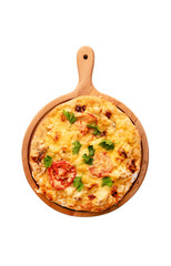 Italian homemade pizza on a board isolated on white background with clipping path