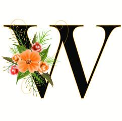 Alphabet with flowers, letter W with watercolor flowers and leaves hand drawn on paper. Illustration alphabet Decoration for invites card and other concept ideas.