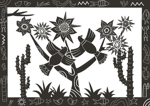 cordel style illustration of a group of birds chirping among cactus trees