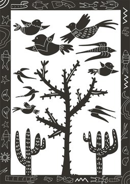 cordel style illustration of a group of birds chirping among cactus trees